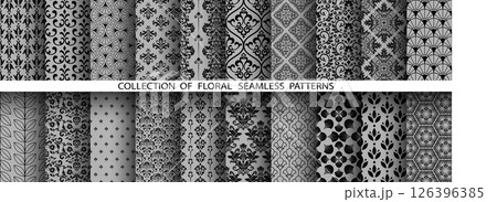 Geometric floral set of seamless patterns. Gray and black vector backgrounds. Damask graphic ornaments 126396385