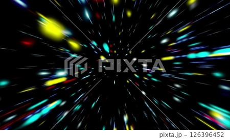 Abstract tunnel of a multicolor spectrum background. Bright rays of neon light and colorful glowing lines moving speed through the dark. 126396452