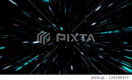 Abstract tunnel of a multicolor spectrum background. Bright rays of neon light and colorful glowing lines moving speed through the dark. 126396453