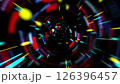 Abstract tunnel of a multicolor spectrum background. Bright rays of neon light and colorful glowing lines moving speed through the dark. 126396457