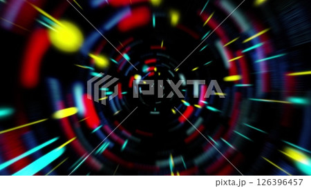 Abstract tunnel of a multicolor spectrum background. Bright rays of neon light and colorful glowing lines moving speed through the dark. 126396457
