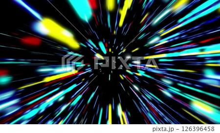 Abstract tunnel of a multicolor spectrum background. Bright rays of neon light and colorful glowing lines moving speed through the dark. 126396458