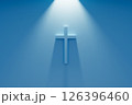 Glowing Cross 3d banner. Religion concept. Rays of light from above, blue background 126396460