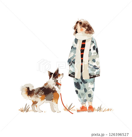 Woman wearing a stylish outfit stands in a grassy area while looking at her dog on a leash in the park during a sunny day Woman wearing a stylish outfit stands in a grassy area while looking at her dog on a leash in the park during a sunny day 126396527