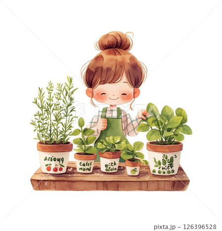 Young girl tending to herb plants in pots on a wooden shelf in a bright indoor garden Young girl tending to herb plants in pots on a wooden shelf in a bright indoor garden 126396528