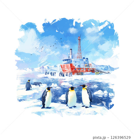 Penguins gather near research ship in the Arctic during a bright, clear day surrounded by ice and water 126396529