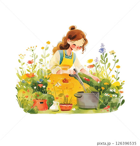 Gardener tending to plants in a vibrant flower garden during springtime 126396535