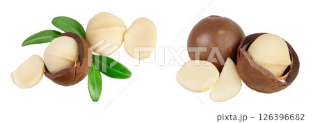 macadamia nuts isolated on white background with full depth of field. Top view. Flat lay. macadamia nuts isolated on white background with full depth of field. Top view. Flat lay. 126396682