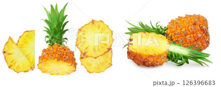 pineapple half with slice isolated on white background with full depth of field. Top view. Flat lay 126396683