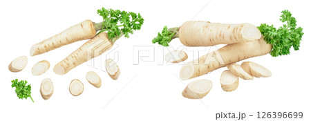 Parsley root with slices and leaves isolated on white background. Top view. Flat lay Parsley root with slices and leaves isolated on white background. Top view. Flat lay 126396699