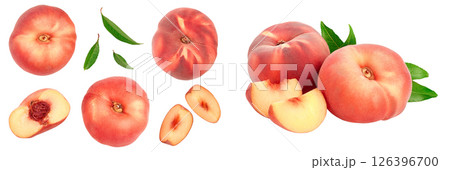 Ripe chinese flat peach fruit and half with leaf isolated on white background. Top view. Flat lay Ripe chinese flat peach fruit and half with leaf isolated on white background. Top view. Flat lay 126396700