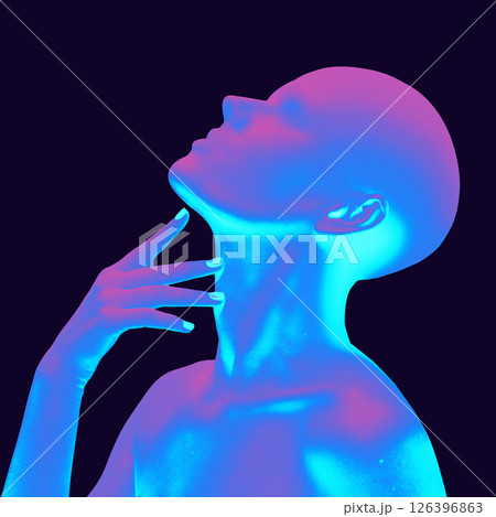 Digital portrait. Bright neon blue and pink light wraps around faceless head tilted upward, fingers gently resting on neck, emotional posture. Textured noise effect. Digital portrait. Bright neon blue and pink light wraps around faceless head tilted upward, fingers gently resting on neck, emotional posture. Textured noise effect. 126396863