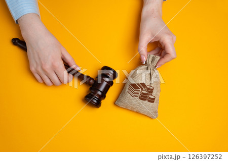 Money bag and judge's hammer. Penalty for a crime and offense. Financial punishment. Violations of traffic laws. Fraud. Fine, penalization, mulct. Gavel 126397252