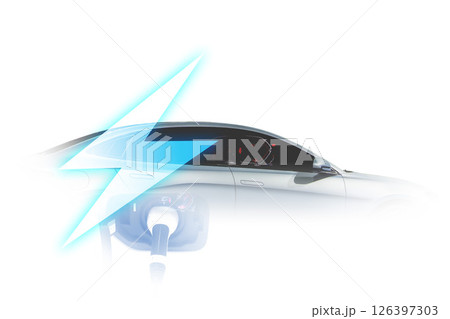 Power cable pump plug in charging power to electric vehicle EV car. Power cable pump plug in charging power to electric vehicle EV car. 126397303