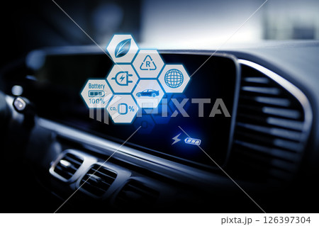 Electric car display screen that is showing the display of electric charging. Electric car display screen that is showing the display of electric charging. 126397304