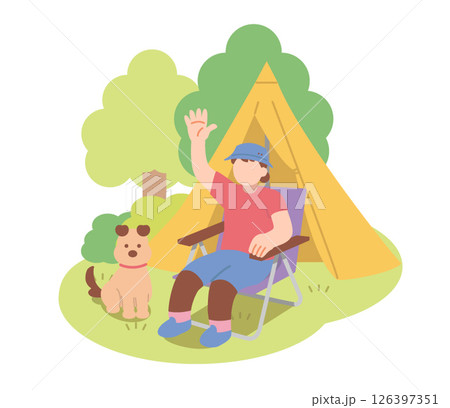 自然の中でキャンプ用品の椅子に座る女性と犬 自然の中でキャンプ用品の椅子に座る女性と犬 126397351