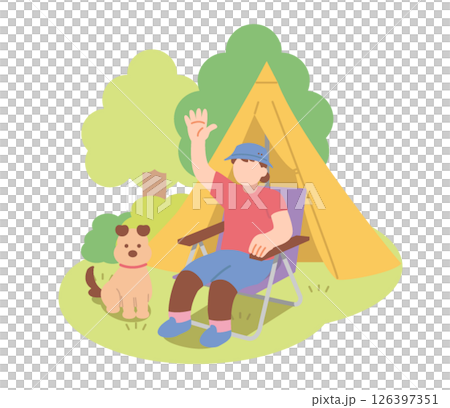 自然の中でキャンプ用品の椅子に座る女性と犬 自然の中でキャンプ用品の椅子に座る女性と犬 126397351