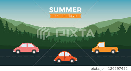 cars drive on the road in mountain landscape vector illustration cars drive on the road in mountain landscape vector illustration 126397432