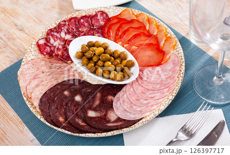 Meat platter from pork loin, salami, blood sausage with olives 126397717