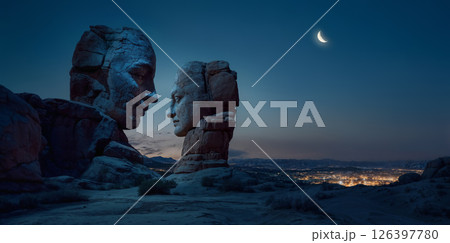Male and female stone heads in the dark. Image for relationship between man and woman 126397780