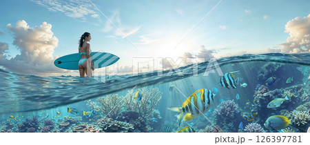 Young woman with surf at the sea. Split shot of underwater and surface. Beautiful fish in the water 126397781