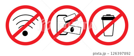 WiFi sign Phone, Card or Cash Payment and Disposable cup Minimalist Icons under Prohibition sign Set WiFi sign Phone, Card or Cash Payment and Disposable cup Minimalist Icons under Prohibition sign Set 126397892