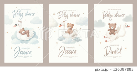 Watercolor baby shower invitation set. Greeting card with sleeping teddy bear on goose, swan among clouds. 126397893