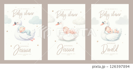 Watercolor baby shower invitation set. Greeting card with sleeping newborn baby on goose, swan among clouds. Watercolor baby shower invitation set. Greeting card with sleeping newborn baby on goose, swan among clouds. 126397894