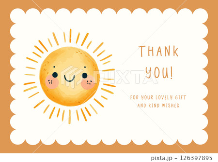 Watercolor New born baby shower invitation. Greeting card with big happy sun. Watercolor New born baby shower invitation. Greeting card with big happy sun. 126397895