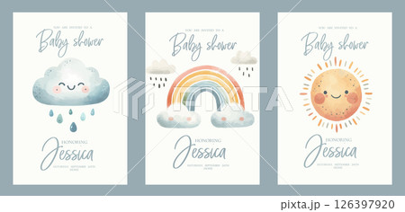 Set of Watercolor New born baby shower invitation. Greeting card with happy sun, rainbow, big cloud with rain. Set of Watercolor New born baby shower invitation. Greeting card with happy sun, rainbow, big cloud with rain. 126397920