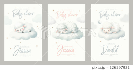 Watercolor baby shower invitation set. Greeting card with sleeping sheep on cloud. 126397921