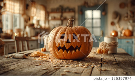 Freshly carved halloween pumpkin with surprised expression stands on kitchen table 126397974