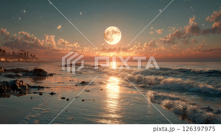 A full moon rises over a calm ocean, its reflection shimmering on the surface of the water as faint clouds float across the horizon 126397975