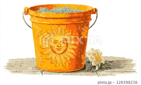 Orange Metal Bucket with Sun Design and Flower 126398216