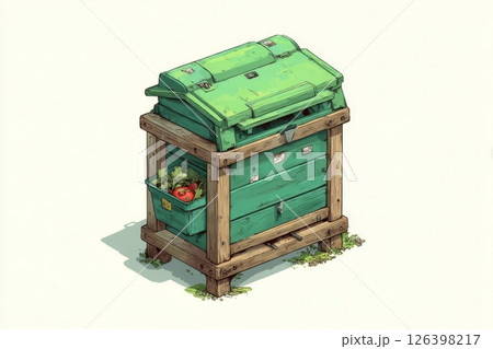 Green Compost Bin with Vegetables on Wooden Stand 126398217