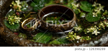 Two Gold Wedding Rings in a Dark Stone Bowl with Water and Flowers Two Gold Wedding Rings in a Dark Stone Bowl with Water and Flowers 126398289