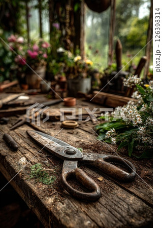 Rusty Vintage Scissors on Wooden Garden Table Rusty Vintage Scissors on Wooden Garden Table 126398314