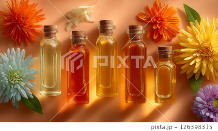 Assortment of Essential Oils with Flowers on Orange Background Assortment of Essential Oils with Flowers on Orange Background 126398315