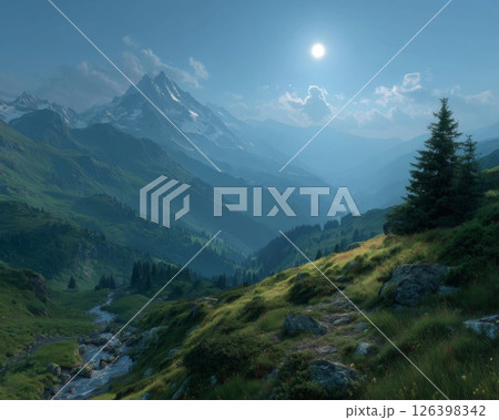 Serene Mountain Valley Landscape Under Bright Sunlight 126398342