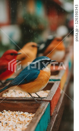 Colorful Birds Feeding in a Wooden Feeder During a Light Rain Colorful Birds Feeding in a Wooden Feeder During a Light Rain 126398343