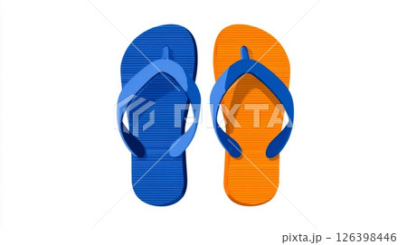 Pair of Blue and Orange Striped Flip Flops on White Background 126398446