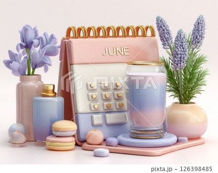 Pastel June Calendar with Flowers and Drink 126398485