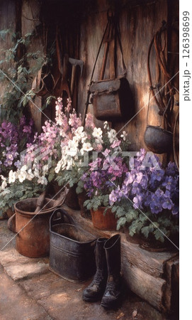 Rustic Garden Still Life with Purple Pink White Flowers Rustic Garden Still Life with Purple Pink White Flowers 126398699