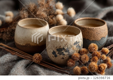 Three Textured Ceramic Cups with Dried Flowers Three Textured Ceramic Cups with Dried Flowers 126398716