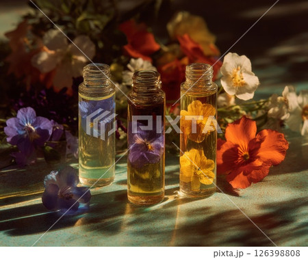 Floral Essential Oils in Glass Bottles on Teal Surface 126398808