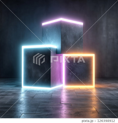 Neon Cubes on Dark Reflective Surface 126398912