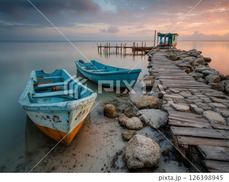 Two Weathered Boats at a Wooden Dock at Sunrise 126398945