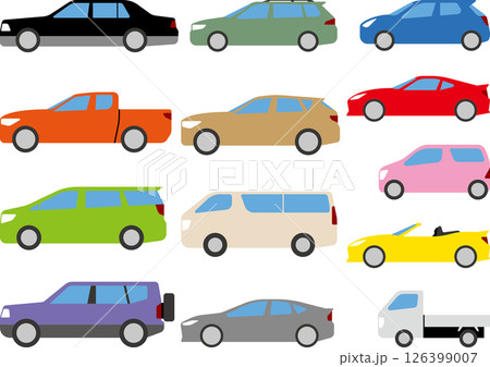 色々なボディタイプの自動車サイドビューシンプルイラストのセット 色々なボディタイプの自動車サイドビューシンプルイラストのセット 126399007