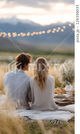 A couple enjoys a sunset picnic with artisan food and flowers, creating a romantic vibe 126399035