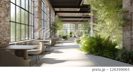 Daylight streams through large windows highlighting the lush greenery in a transformed industrial workspace 126399065